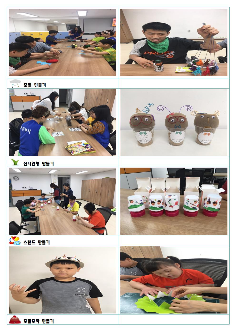 주말주간이용자들과 함께 진행한 7월 활동사진(모빌만들기, 잔디인형 만들기, 스탠드 만들기, 꼬깔모자 만들기)