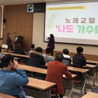 강사의 피아노 반주에 맞춰 이용자가 발성연습을 하고 있는 모습
